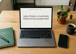 Author Website vs. Social Media displayed on a laptop screen.