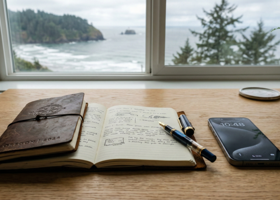 Image of journal on desk - window looking at the pacific ocean